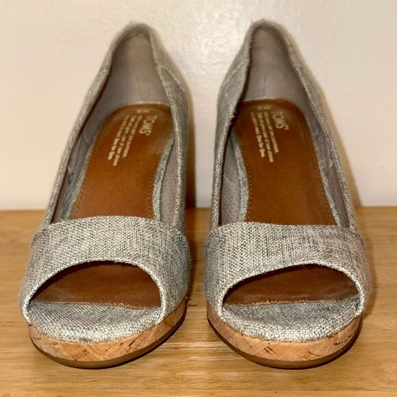 TOMS Cork Wedge Peep Toe Sandals, Boho Woven Silver Tweed Platform Heels Size 9 - Picture 3 of 10